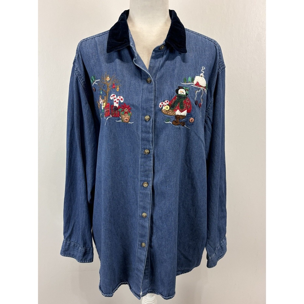 Vtg Studio Collection Denim Christmas Shirt Sz 2X Plus Women's Velvet Collar 90s